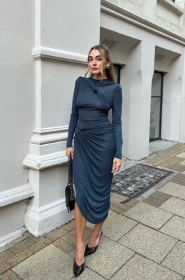 ZARA WOMAN FW23 KNOTTED ASYMMETRIC DRESS S-L ZW COLLECTION Blue 8686/244  NWT