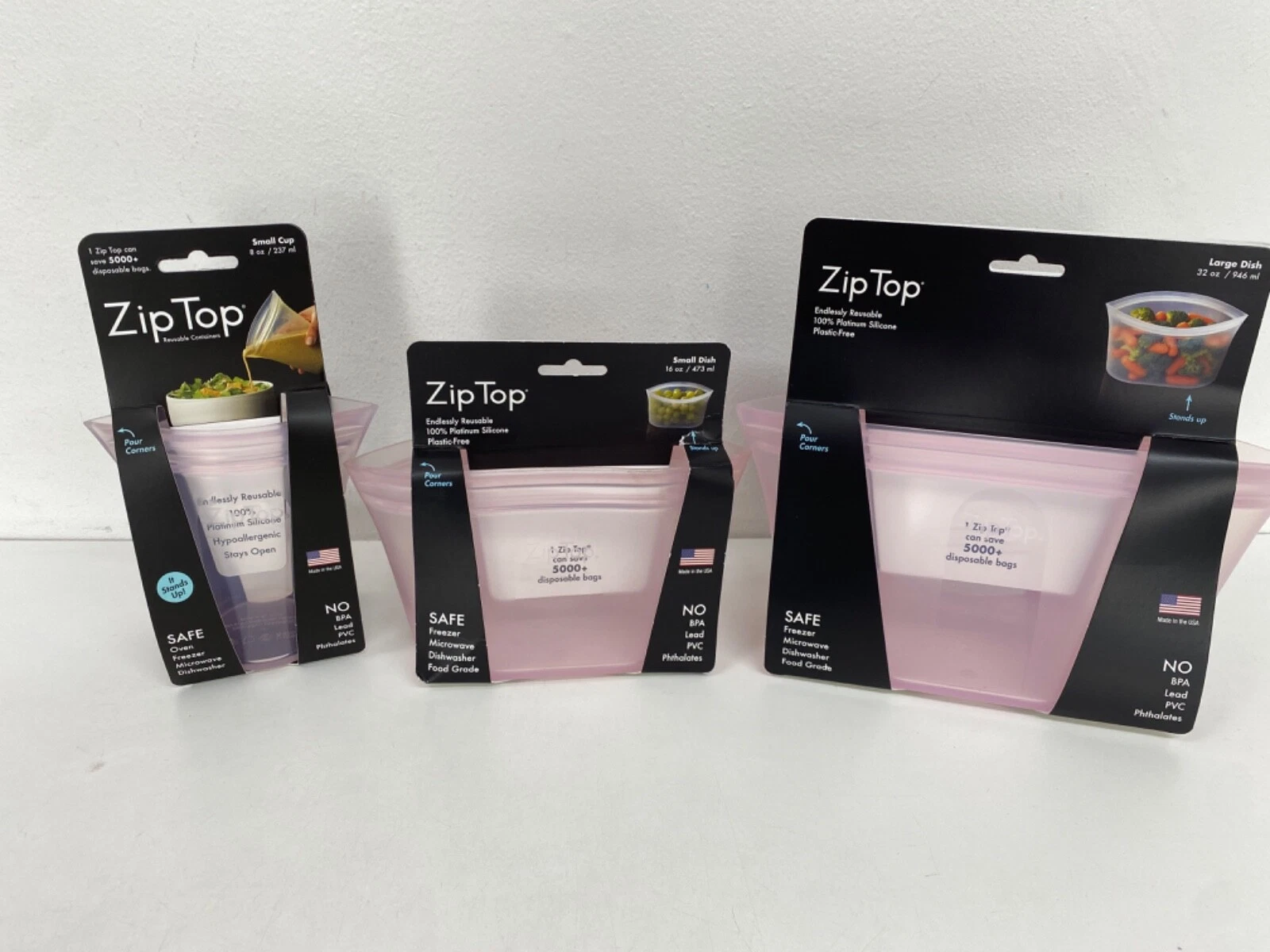 Zip Top 3 set Reusable 100% Platinum Silicone Food Containers Clear Lilac, NEW