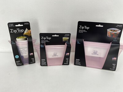 Zip Top 3 Set Wiederverwendbar 100% Platin Silikon Lebensmittel Behälter Klar Flieder, NEU