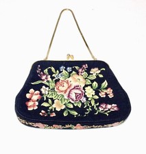 BLACK PETIT POINT FLORAL TAPESTRY PURSE, KISS LOCK CLOSURE, SNAKE CHAIN HANDLE