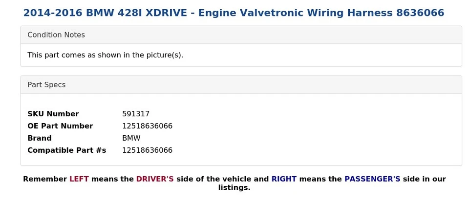 BMW 428I XDRIVE 2014-2016 - Arnés de cableado Valvetronic del motor 8636066 Foto 4 de 4