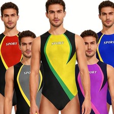 Men Gym Athletic Leotard Sleeveless Round Neck Color Block Back Zipper Bodysuit