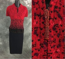 BEAUTIFUL st john couture knit red black rhinestones jacket skirt suit size 14