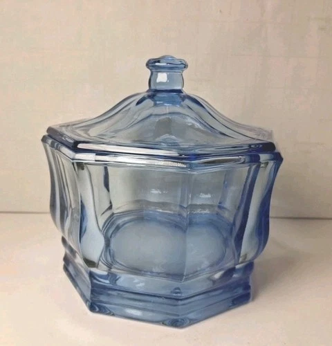 Vtg. Indiana Glass Concord Candy Dish w/Lid Transparent Ice Blue Octagon