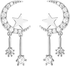 925 Sterling Silver Crescent Moon Star Earrings Studs for Women Teen Girls CZ Mo
