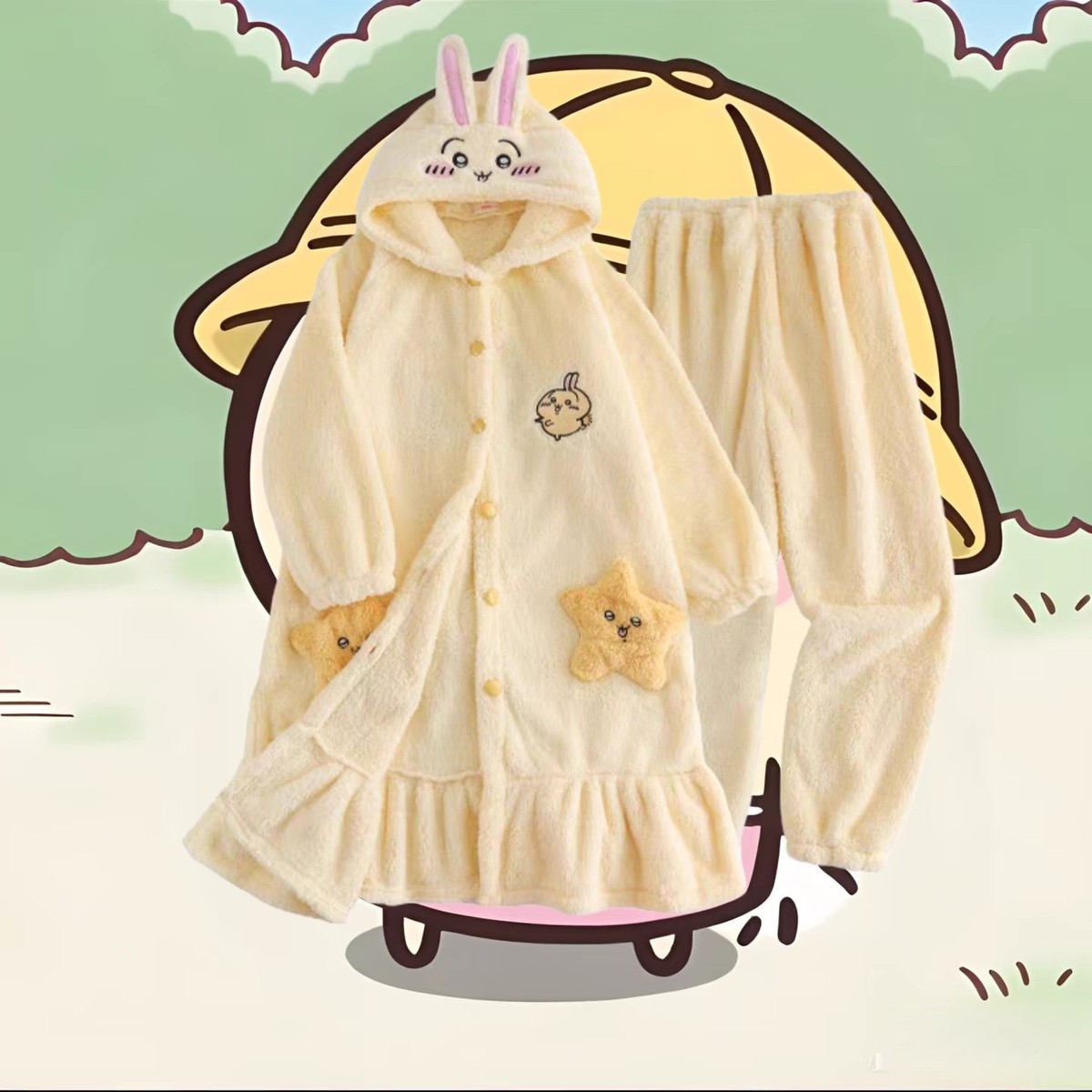 Cartoon Usagi Chiikawa Hachiware Flannel Sleepwear Night Robe Pant