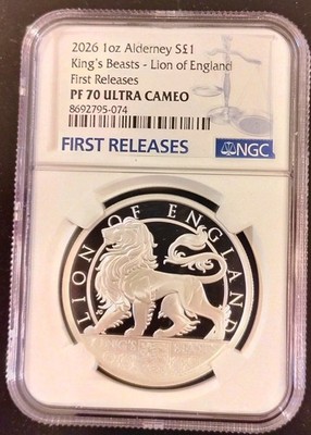 2026 Lion of England 1oz Silver King s Beasts Proof NGC PF70 Alderney 1£ & COA