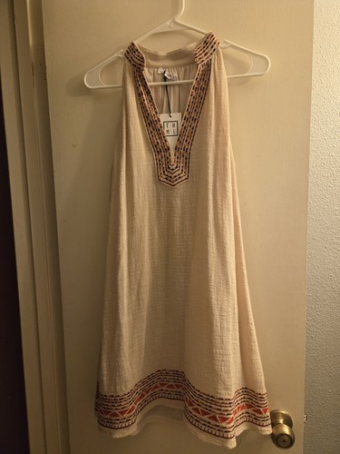 THML Embroidered Halter Mini Dress Medium Cream Boho Resort Beach Cotton Shift