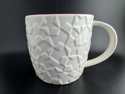Starbucks 2011 White Embossed Geometric Designs Red Interior 12 Oz Mug