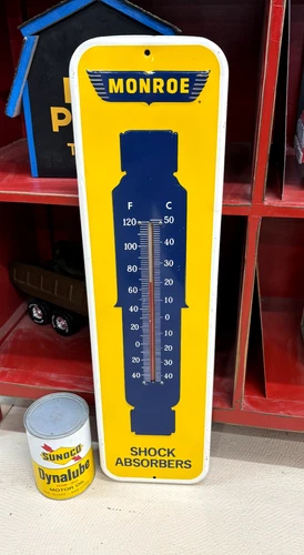 VINTAGE 1960's "MONROE SHOCKS" METAL ADVERTISING THERMOMETER, (26.5x 7.5") NICE