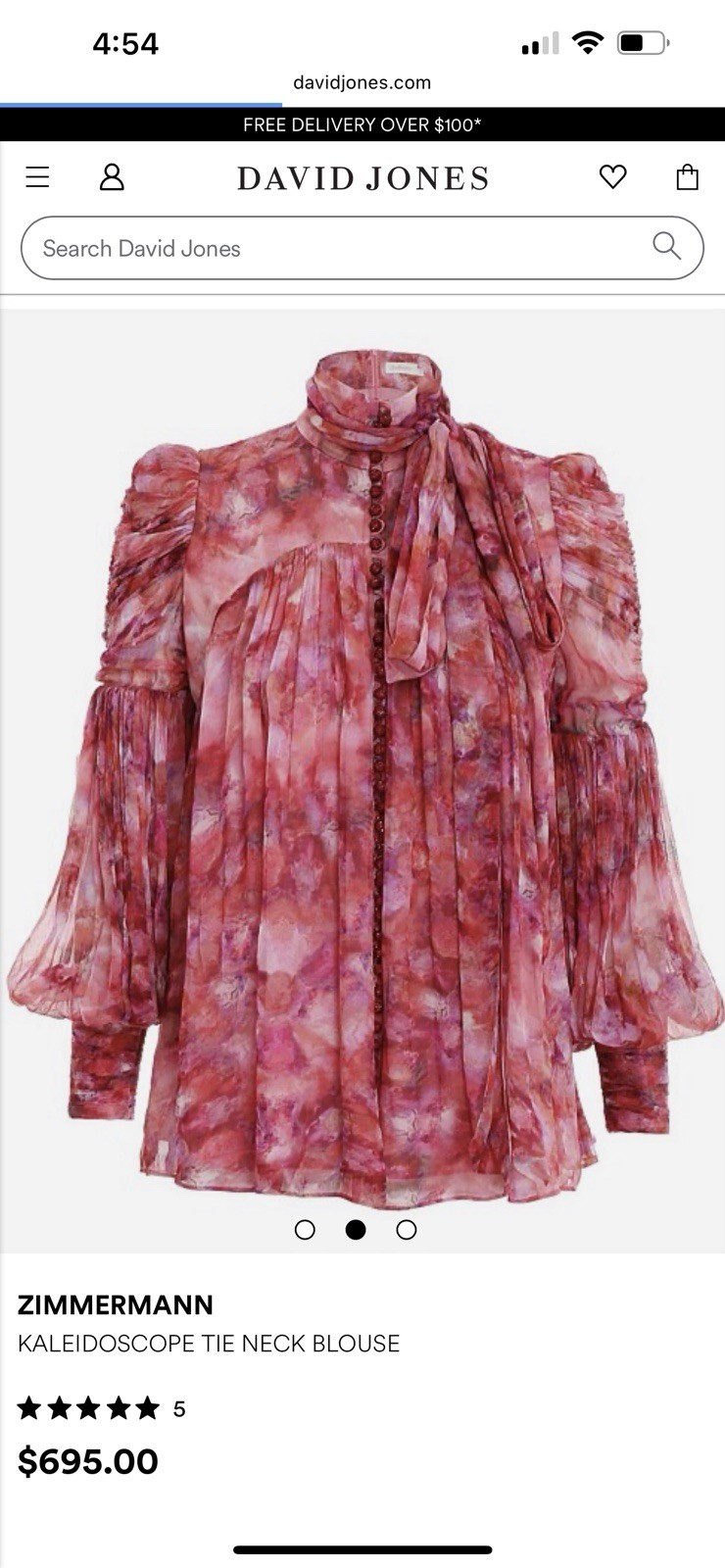 NWT Zimmermann KALEIDOSCOPE TIE NECK BLOUSE Pink Size AU 1/ US6