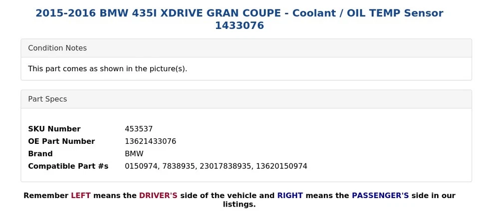 BMW 435I XDRIVE 2015-2016 gran cupé - sensor de temperatura de refrigerante/aceite 1433076 Foto 4 de 4