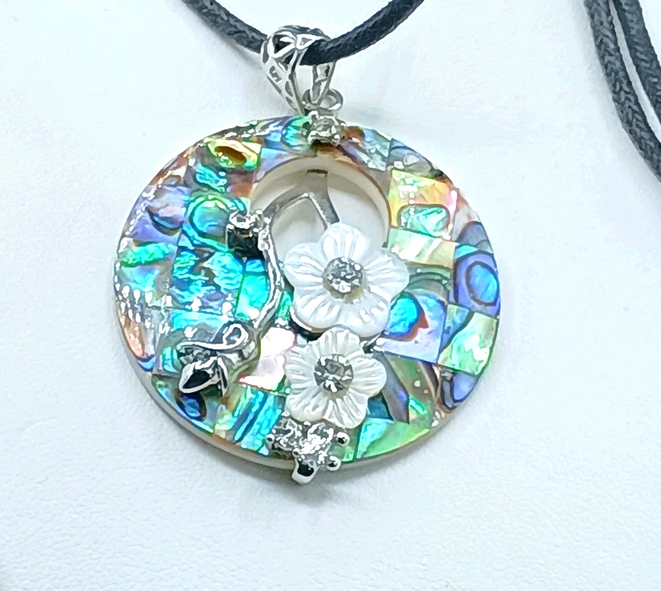 Lee Sands Pendant Necklace Abalone Inlay MOP 3D Carved Flower CZ Sterling Silver - Image 2 of 4