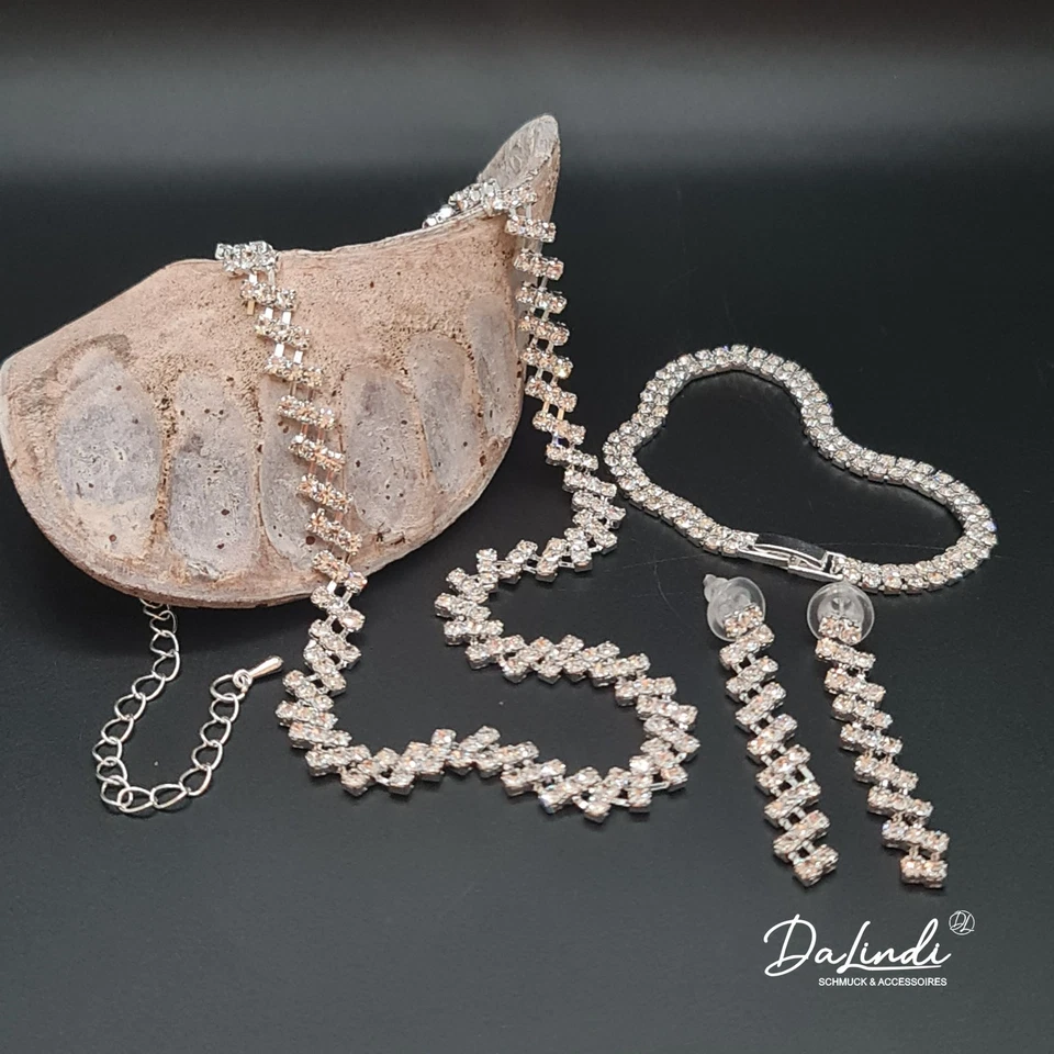 Glitzernde Strass Mode - Halskette Ohrringe Armband - Hochzeit Schmuck Set Braut - Bild 3 von 4