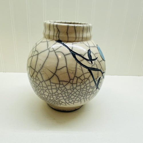 VASO Raku vintage Studio POTTERY crema crepitante inciso Blue Moon Birds firmato - Foto 2 di 9