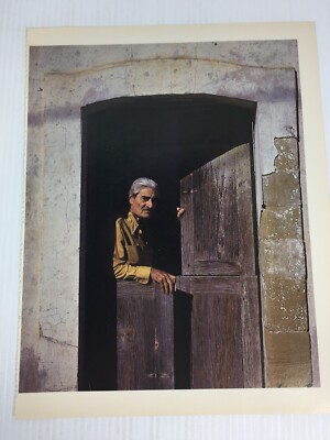 Vintage Magazine Print Old Texan Man at Wooden Door Adobe House Southwestern