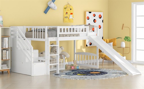 Twin Size Wood Loft Bed with Two Drawers and Slide for Kids Teen -White - Picture 14 of 15