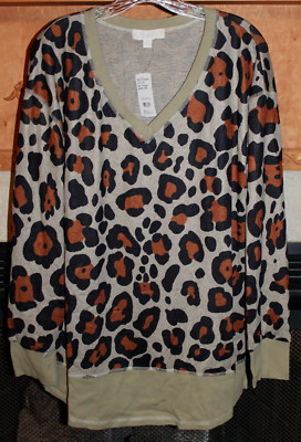 XL NWT Women's Suzanne Betro Weekend Leopard Print Contrast Trim V-Neck LS Tunic