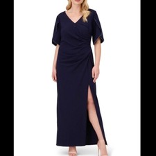 NWT Adrianna Papell Midnight Blue Pearl Tulip Sleeve Crepe Mermaid Gown Size 12