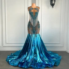 Luxury Long Prom Dresses 2025 Sexy Mermaid Style Sheer Beaded Tassel Turquoise 