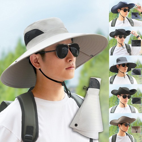 Men's Large Brim Sun Fisherman Hats UV Protection Sunshade Hat Travel Outdoor ~