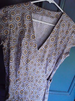 Handmade Wrap Dress Gray Yellow Short Sleeve Cotton Blend Geometric Mid-Calf