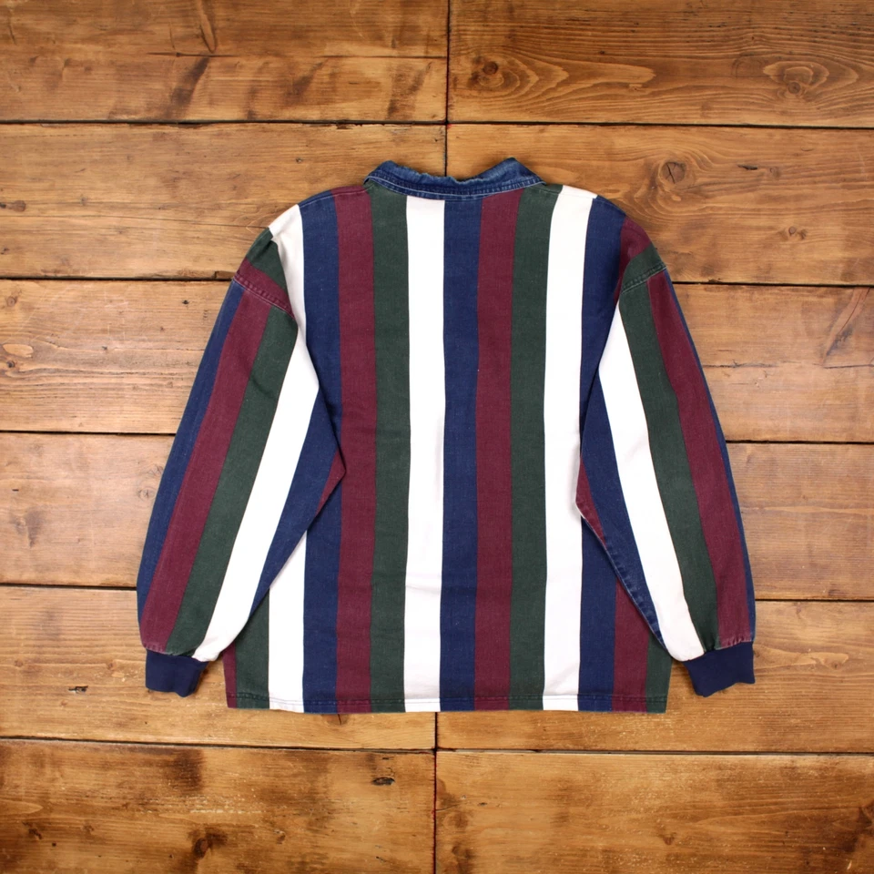 Camiseta Polo Vintage 2XL Hecha en EE. UU. Estructura Manga Larga Rayas Camiseta Azul Foto 2 de 4