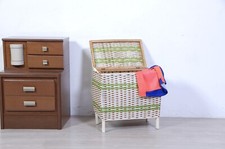 Cesta intrecciata vintage Portabiancheria con coperchio contenitore bianco verde