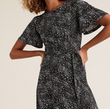 M&S print Tie Back Tea Dress New With Tag Black Mix 6 Regular Short Sleeve Jersy