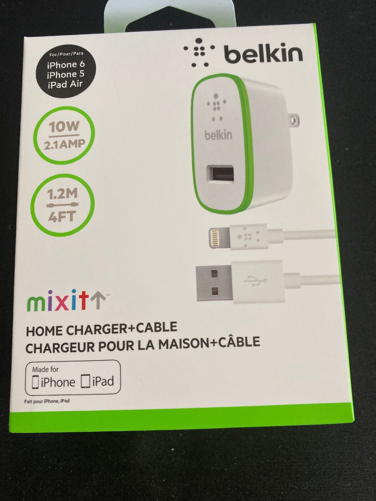 NEW! Belkin 1-Port Home Charger+Cable White Lightning 10Watt 1.2M 4FT MixIt