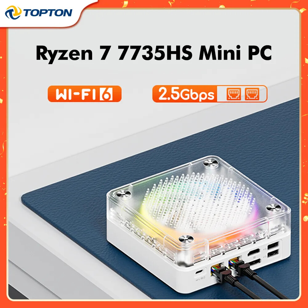 Mini PC AMD Ryzen 7 7735HS R5 6600H 8 Cores RGB Light NVMe 2.5G Dual