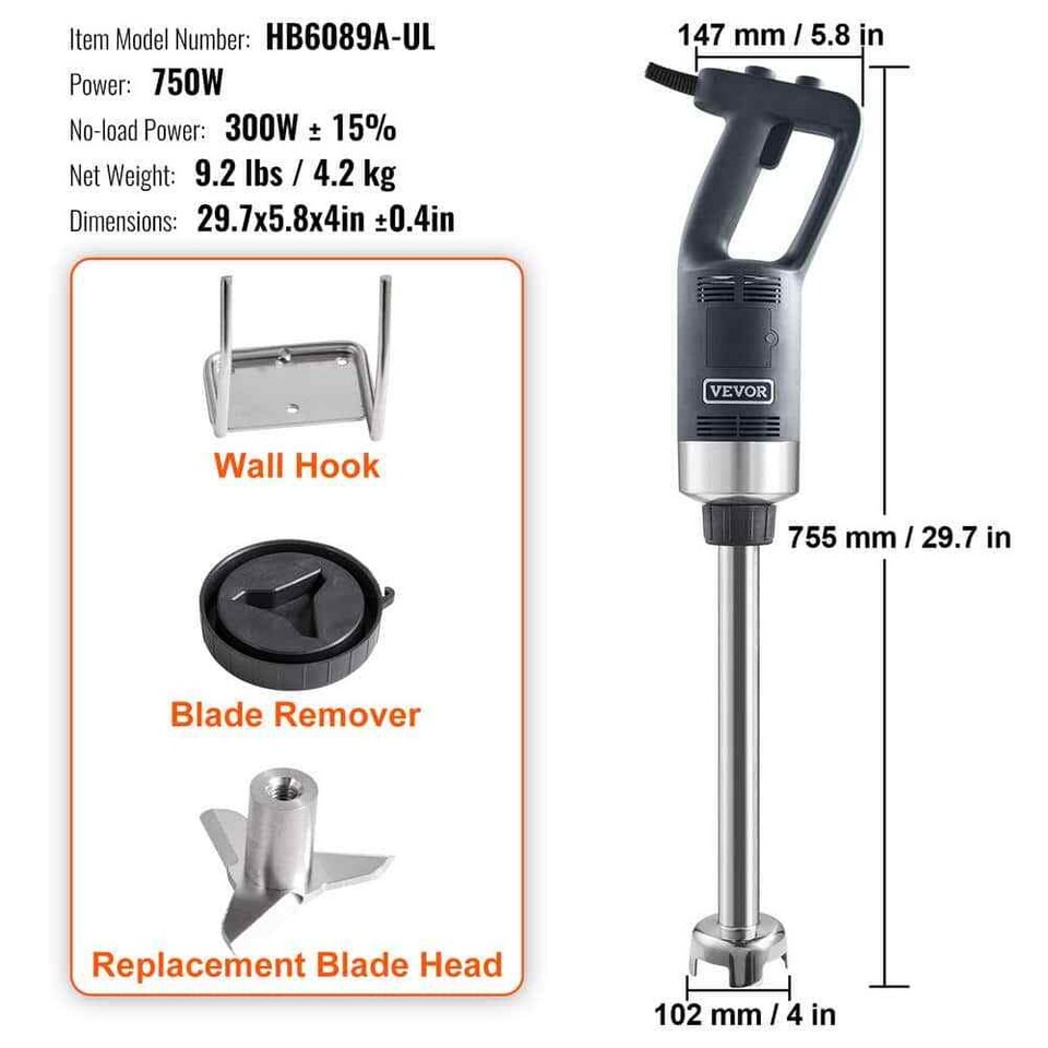 Commercial Immersion Blender, 750Watts 16 in. Heavy Duty Hand Mixer
