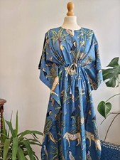 Women Hippie Cotton Summer Sleepwear Animal Print Blue Long Maxi Caftan Dress
