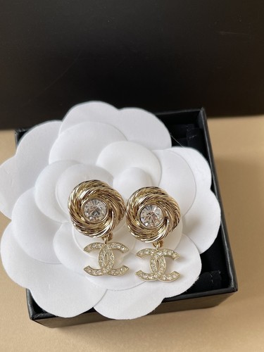 CHANEL Light gold braided pattern, hoop design CCS crystal inlaid earrings 24C
