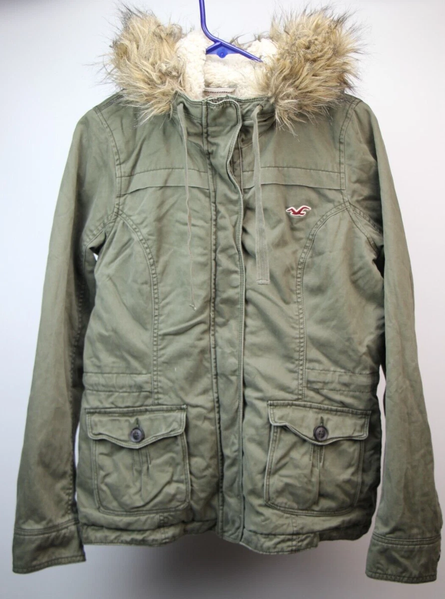 Women's Hollister Fur Lined Olive Green Parka Hood Jacket Full Zip Button  Size M