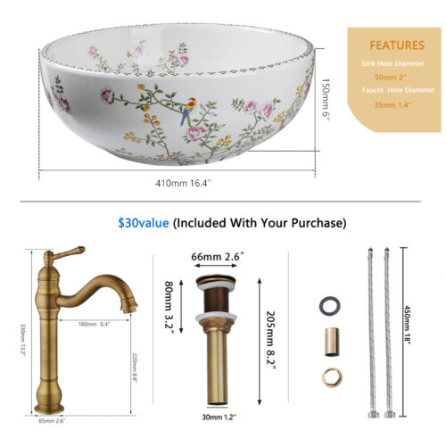 US Bathroom Vessel Sink Ceramic Round Flower Basin Antique Brass Drain Mixer Tap - Picture 2 of 9