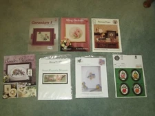 LOT OF 7 FLOWERS THEME CROSS STITCH LEAFLETS CHARTS GERANIUM ORCHIDS PEONY VIOLA