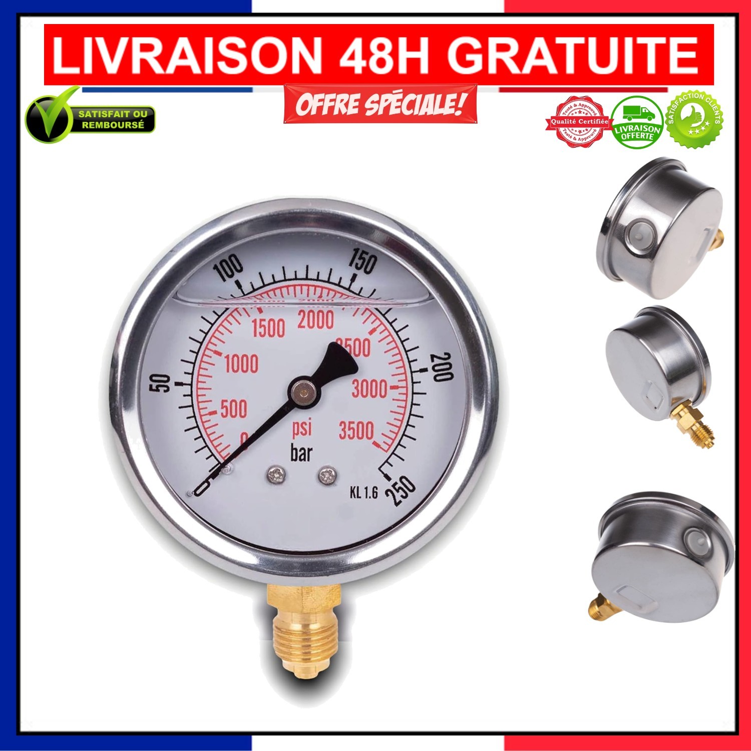 Manomètre inox 0-250 bar de qualité industrielle avec amortisseur glycérine