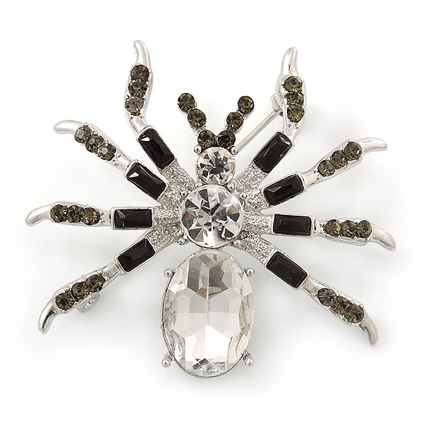 Clear/ Grey Crystal, Black Enamel 'Spider' Brooch In Rhodium Plating - 40mm