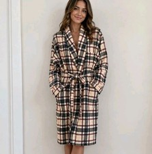 VTG LL Bean Tartan Plaid Flannel Robe Cream Cotton Cottagecore Cozy Women's Sz M