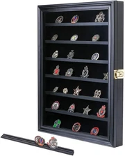 Military Challenge Coin Display Case Lockable Wood Cabinet Rack Matt Black 
