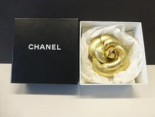 CHANEL Camellia Flower Pin Brooch GOLD Leather ?  3" New in Box