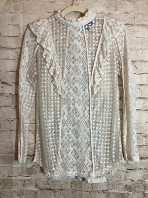 Suzanne Betro Coquette Top Womens Small White Semi Sheer Lace Romantic Ruffles