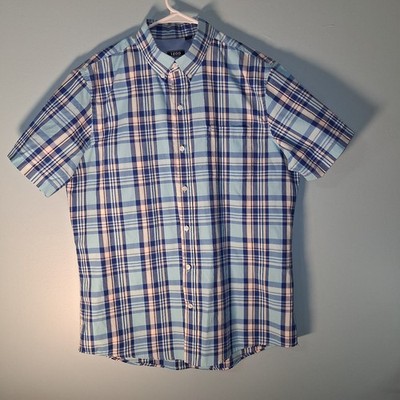 IZOD Mens Short Sleeve Button Down Plaid Shirt Light & Dark Blue White Sz Large