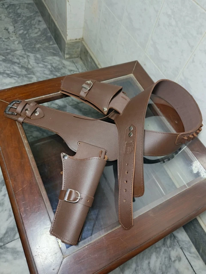 COWBOY REVOLVER LEATHER GUN HOLSTER BELT BROWN WESTERN Double Gun Holster New BE - Image 2 of 4