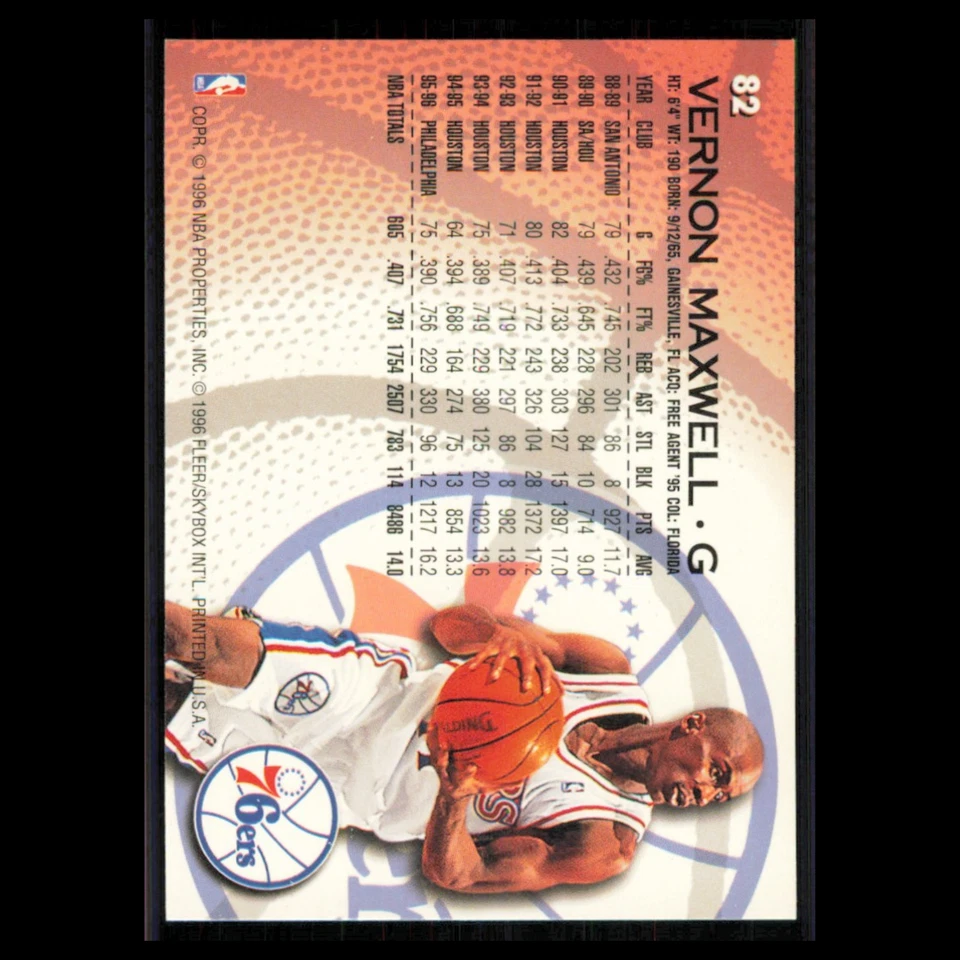 Vernon Maxwell #82 1996 Fleer Philadelphia 76ers Basketball Card NBA NM - Image 2 of 3