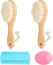 Goat Baby Hair Brush Set, 2Pcs Wooden Soft Bristles Brush with Comb and Pink Sil