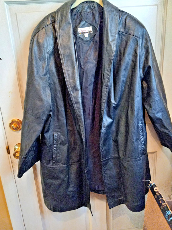 Diana Marco Black Long Leather Open Jacket Women's 18 Excellent Condition