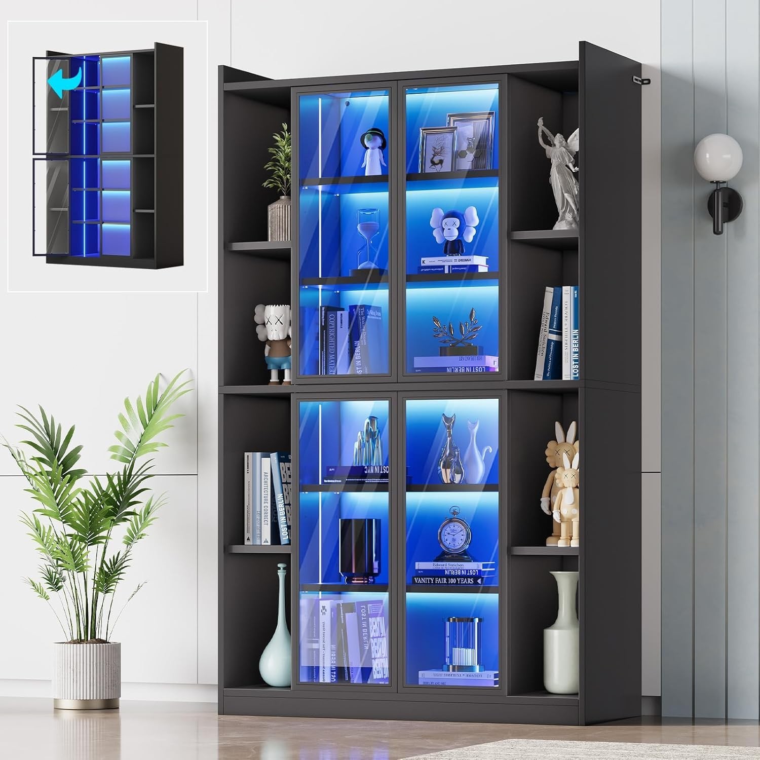 71" Display Cabinet with Glass Doors, 6 Tier Tall Bookcase with LED Lights