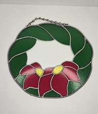 Vintage Leaded Stained Glass Christmas Wreath Window Suncatcher 10" HAS CRACKS